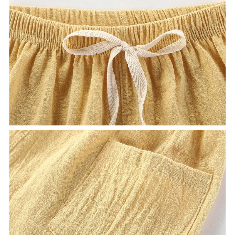 90-160cm Linen Shorts for Boys Teen Short Pants Cotton Loose Casual Toddler Girl Shorts Blank Navy Blue Green Yellow Kids Shorts