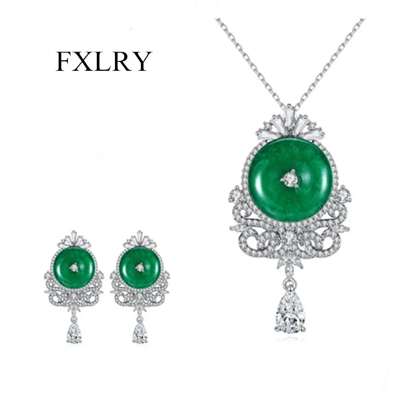 FXLRY Round Green Cubic Zircon Long Chandelier Drop Earrings Pendant Necklace Vintage Ethnic Jewelry Set