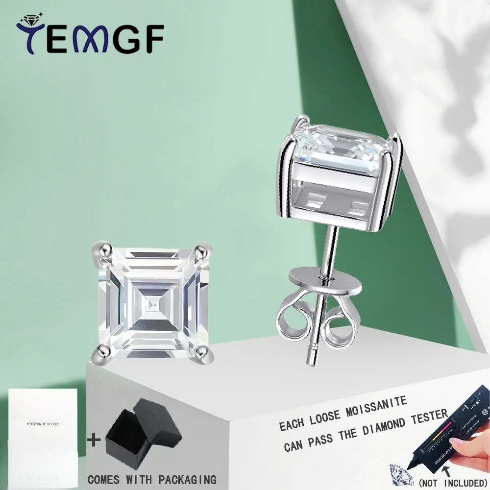 

TEMGF 4mm/5mm Princess Cut Moissanite Ear Studs 100% 925 Sterling Silver Earrings for Women Party Fashion Fine Jewelry With GRA