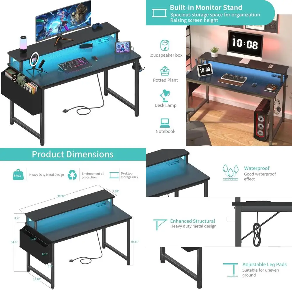

Игровой стол со светодиодной подсветкой, 40 розетками и USB-зарядкой, черный учебный стол для домашнего офиса