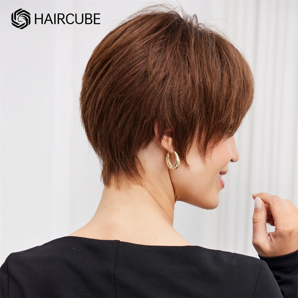 Short Pixie Cut Human Hair Wig Brown Bob HD Lace Frontal Remy Human Hair Wigs with Bangs Natural Straight Layered Wig for Women