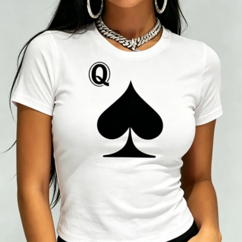 Women Cotton Slim Fit Crew Neck T Shirt Queen Spade Poker Graphic Casual Short Sleeve Ladies Fashion Tee