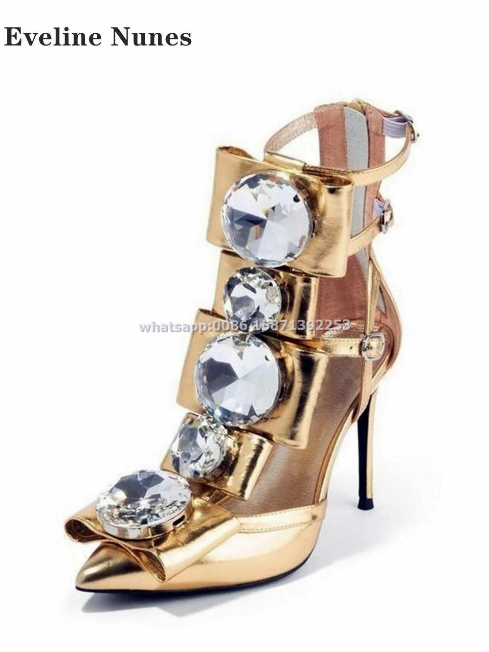 Bow Exaggerated Jewels Rome Sandals Pointed Toe Stiletto Hollow Out Zipper Women Heels Large Size Customize Color Runway Shoes