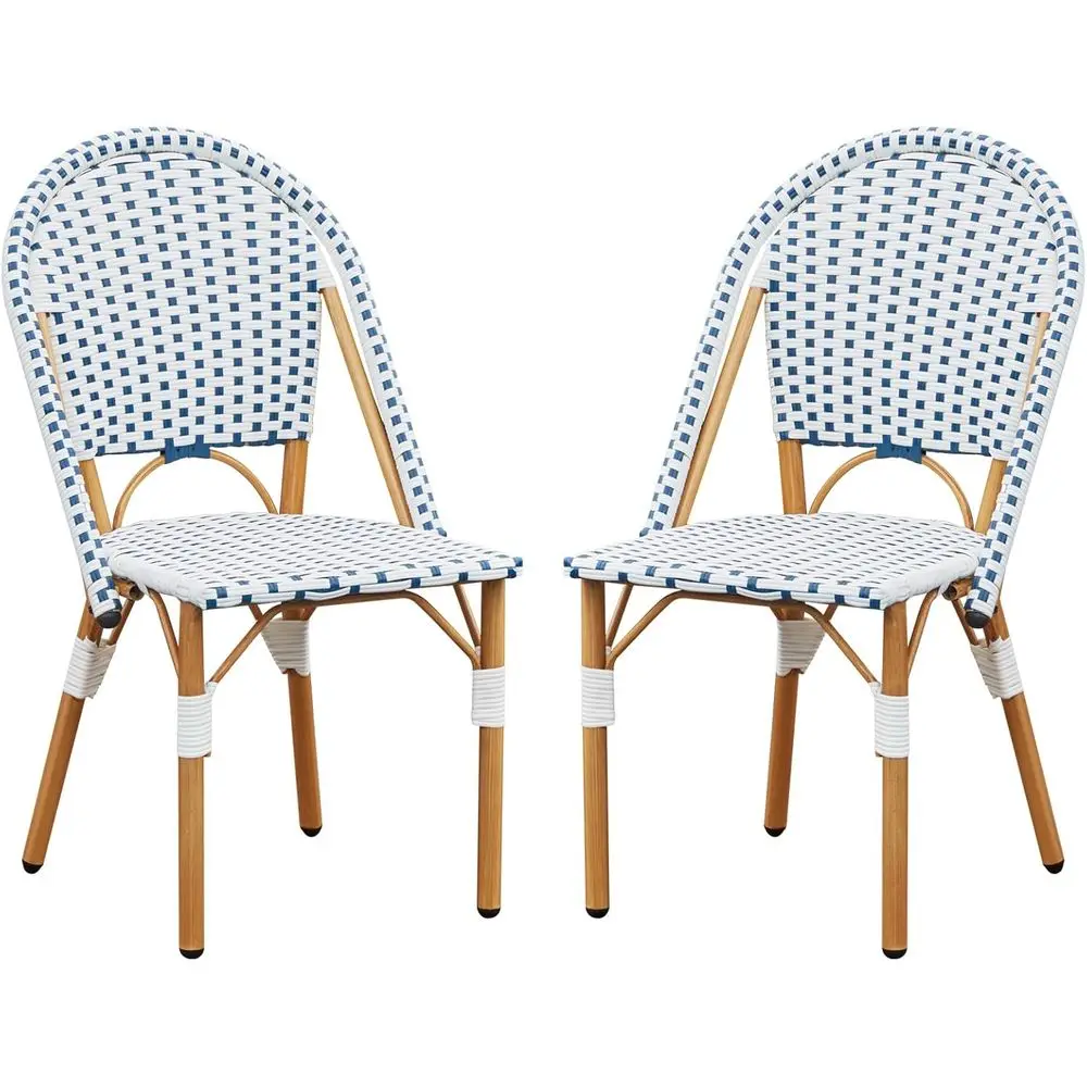 

Комплект из 2-х плетеных садовых обеденных стульев с сине-белым принтом, подходит для сада или крытой веранды.