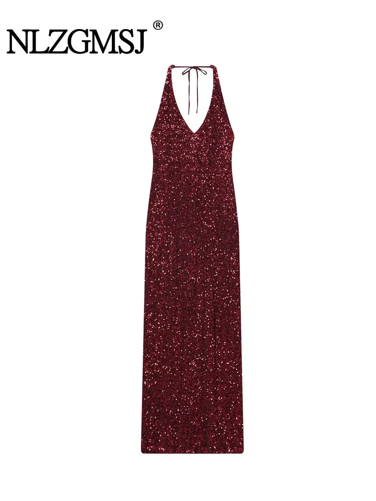 NLZGMSJ 시크 레드 스팽글 파티 드레스 홀터 백리스 롱 드레스 패션 2025 이브닝 클럽 스트레이트 엘레강트 새해 드레스