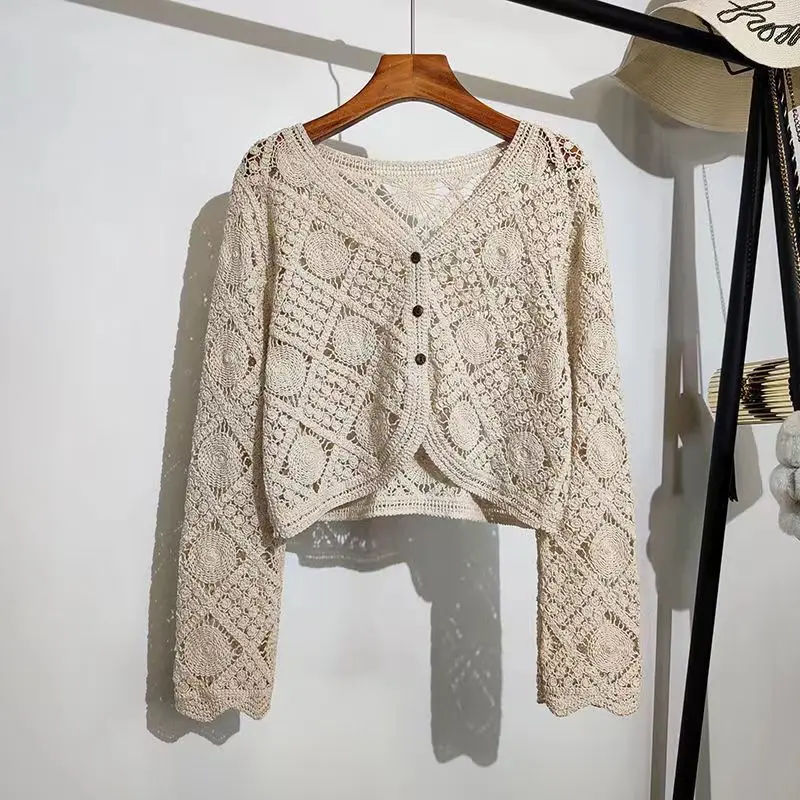 

Полая солнцезащитная рубашка-кардиган, модные сексуальные весенне-летние кружевные топы, новая корейская свободная блузка с длинными рукавами и вырезами