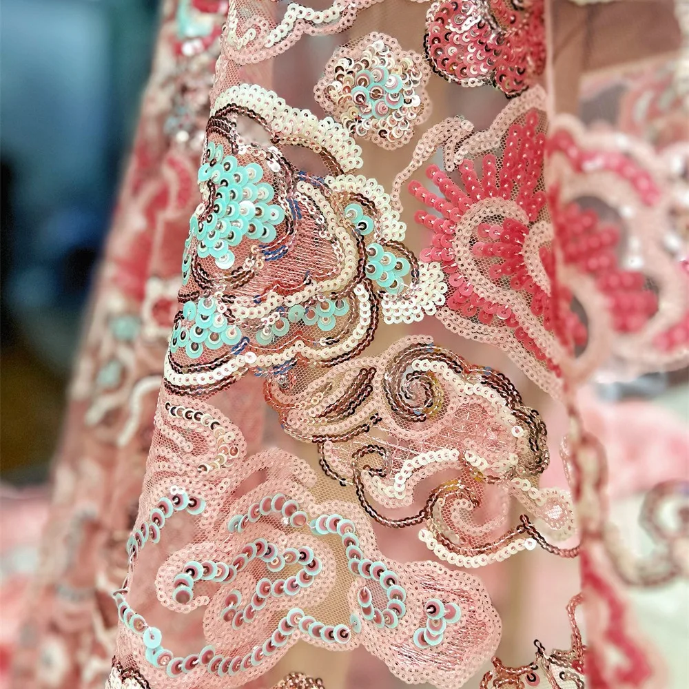 2 Yds/lot 130cm Wide Pink Purple Floral Embroidery Sequin Lace Fabric Mesh Bridal Wedding Dress Gown Embroidered Material F088 - view 3