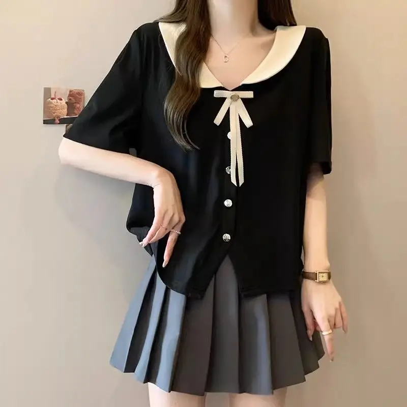 

Peter Pan Collar Sweet Bow Pullovers Summer Stylish Patchwork Female Clothing Basic Loose Casual Short Sleeve Korean T-shirts