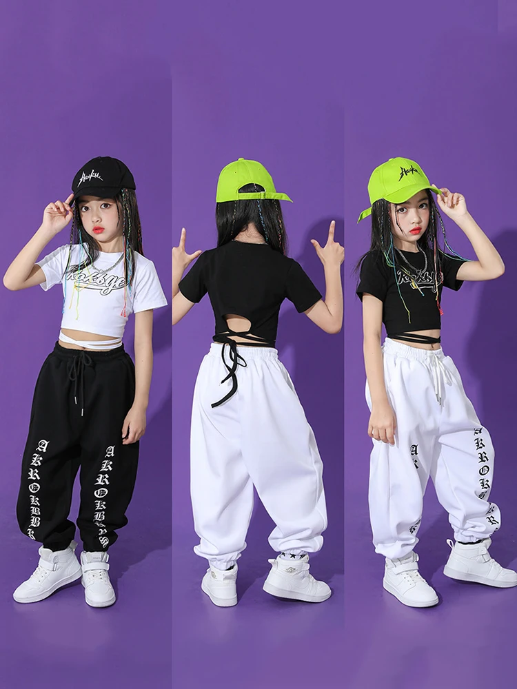 Disfraz de baile de Hip Hop para niñas, ropa de Jazz moderna, Tops cortos de manga corta, pantalones, traje de rendimiento Kpop, BL10404