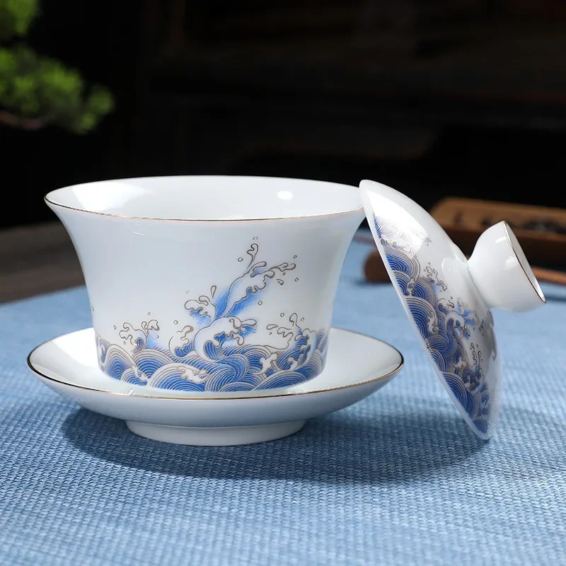 Chinese Style Brewing Tea Cups, Blue and White Porcelain Gaiwan, White Jade Ceramic Tureen, Sea Wave Bowl, Saucer Lid Set, 170ml