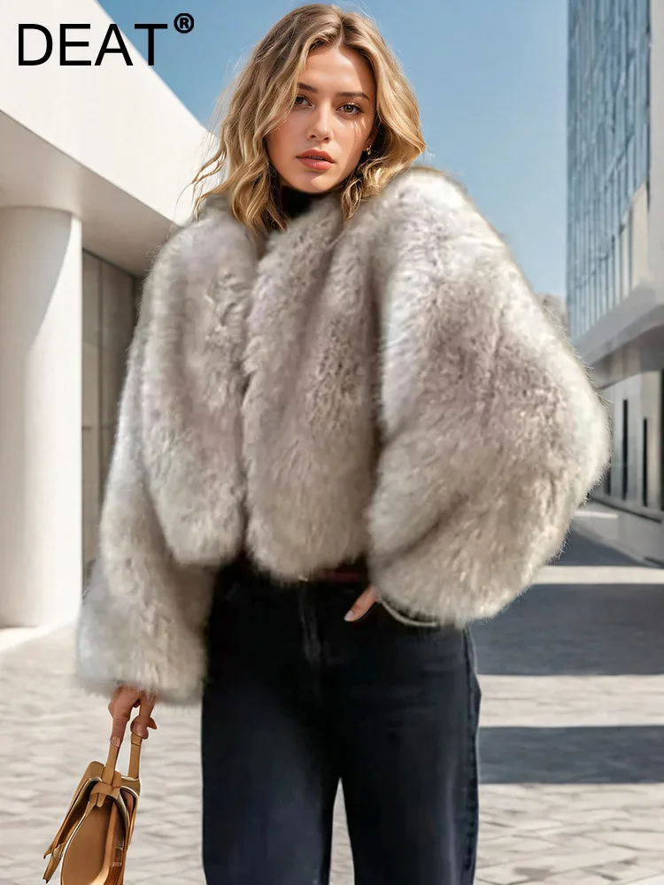 DEAT Fashion Faux Fur Coat Women's V-neck Loose Long Sleeve Thick Warm Short Imitation Fox Fur Coat Winter 2024 New 7AB6347