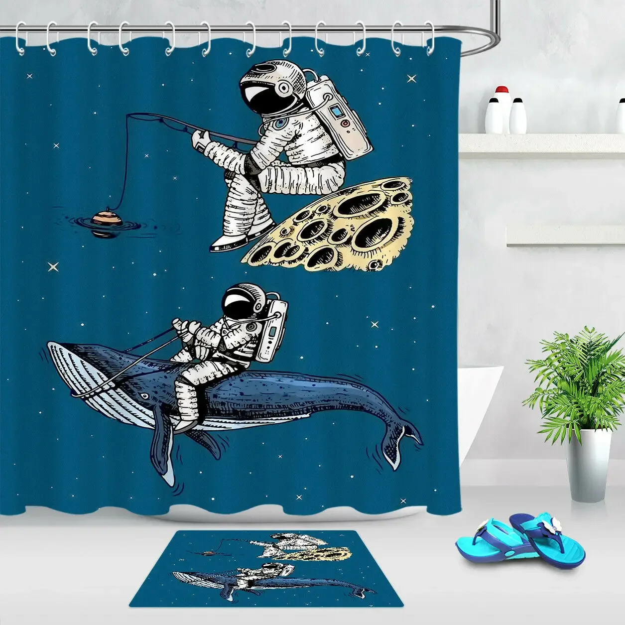 Fantasy Cartoon Children Shower Curtain Astronaut Moon Whale Bath Accessory Sets