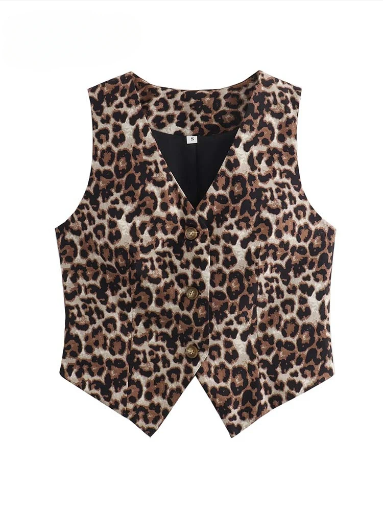 Women's Vest 2024 Fashion Leopard Summer V-Neck Single-breasted Vest Top Ladies Casual Cropped Sleeveless Coat New In Vests