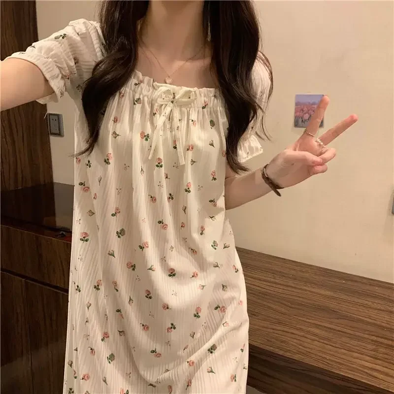 Floral Nightgowns Women Summer Popular Schoolgirls Midi Sleepwear Loose Cute Square Collar Elegant Simple Korean Style Lounge