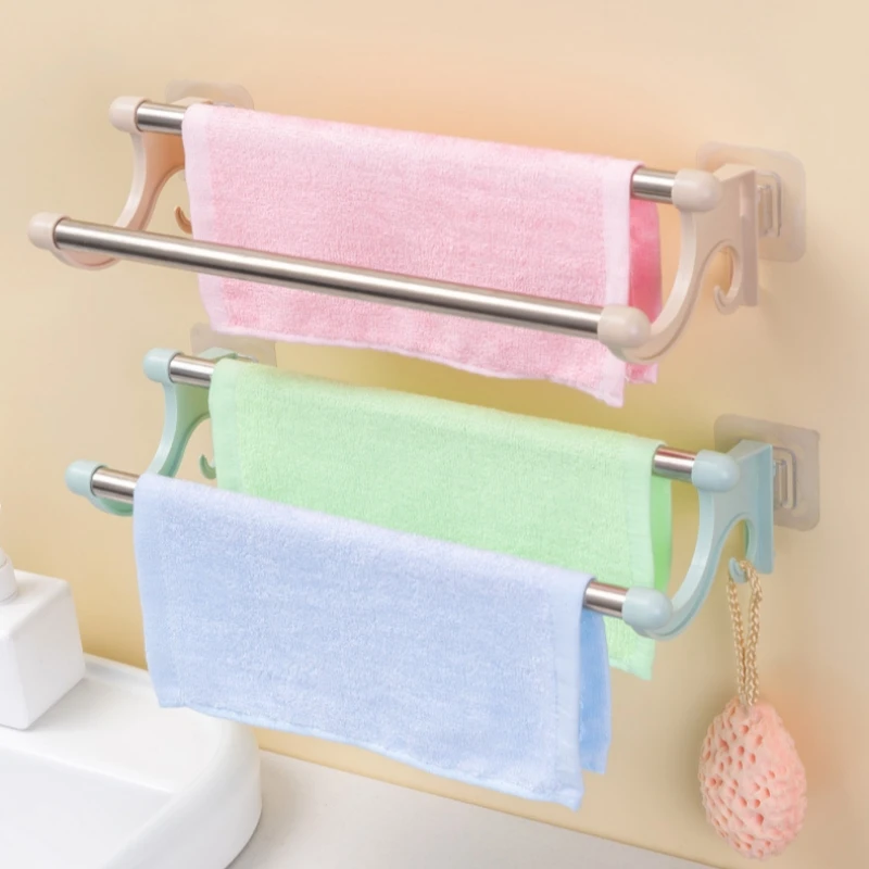 

Stainless Steel Double Towel Holder No need Perforated Rack Bathroom Kitchen Wall-mounted Towel Rack Holder Bathroom Accessories