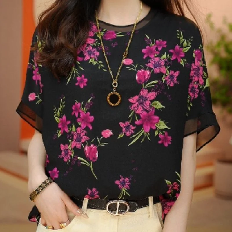 2024 New Summer Retro Ethnic Style Fashion Versatile Pullovers Round Neck Short Sleeved Printed Patchwork Women\'s T-shirt Top