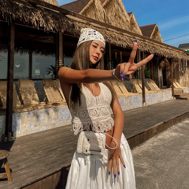 Summer Tank top Women's Boho Fringe Backless Halter Tie Neck Underwear Outerwear with Neck Hanging Embroidery Tassel Suspender