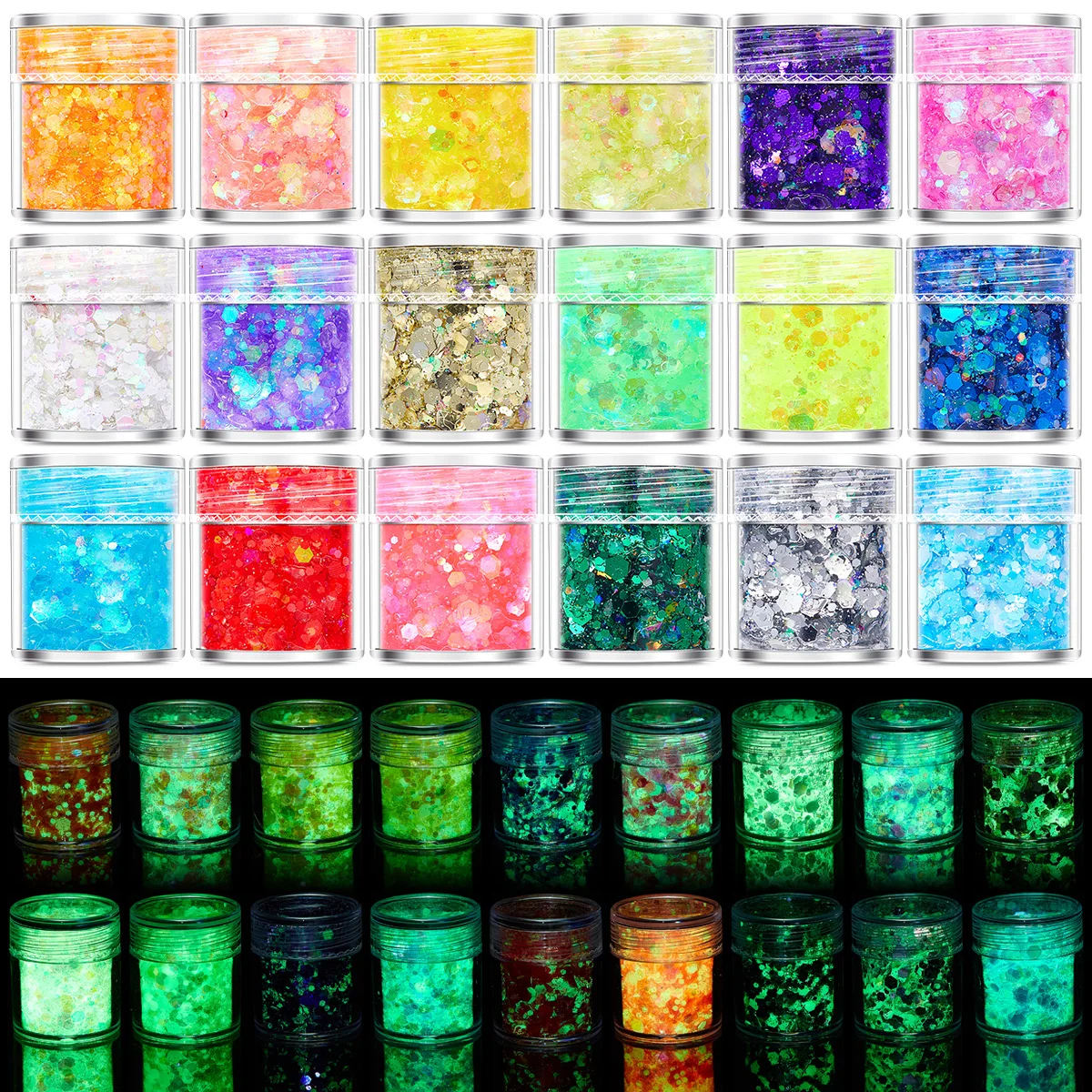 

24 Color Cosmetic Grade Body Art Bulk Chunky Glitter Powder and Glitter gel For Hair Nail Body Make Up Glow in the Dark