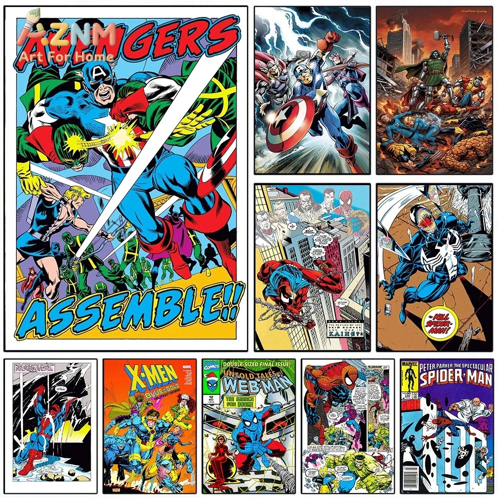 Vintage Avengers Assemble Comic Canvas Wall Art Retro Marvel Superhero Print Poster, Unframed Canvas Picture for Boys Bedroom