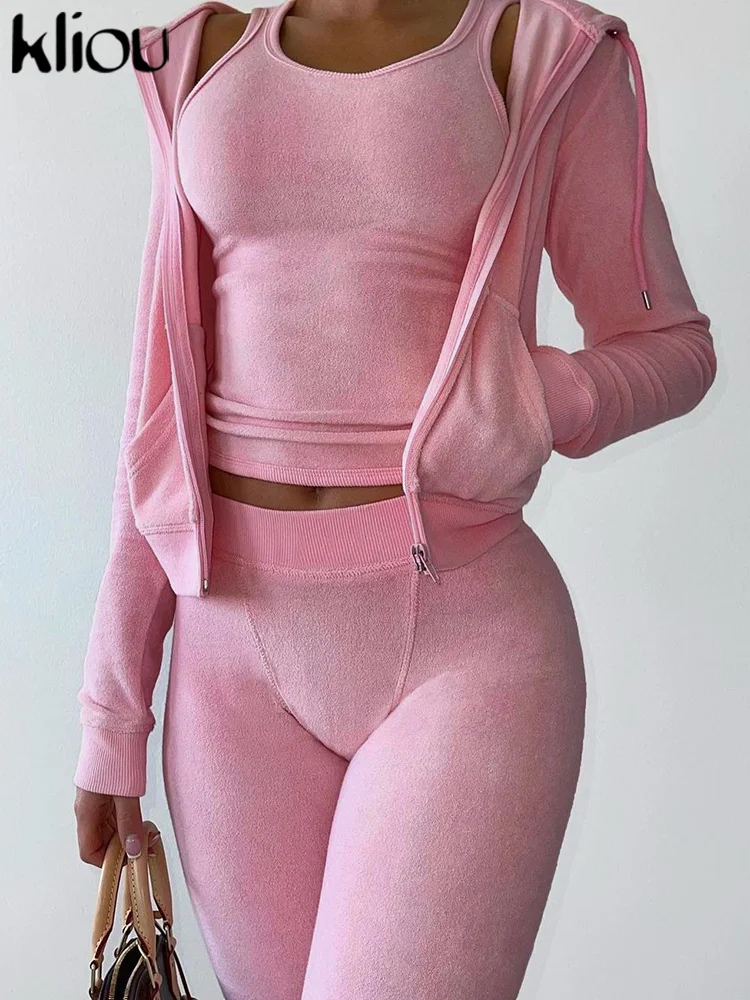 Kliou Cozy Terry Hooded Jacket Women Casual Solid Drawstring Zipper Pockets Early Autumn Concise Outwear Female Streetwear Tops