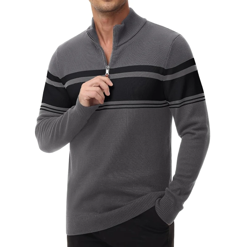 Men's Sweaters 1/4 Zip Cotton Sweater Pullover Polo Sweaters Striped Fall Winter Warm Sweatshirts