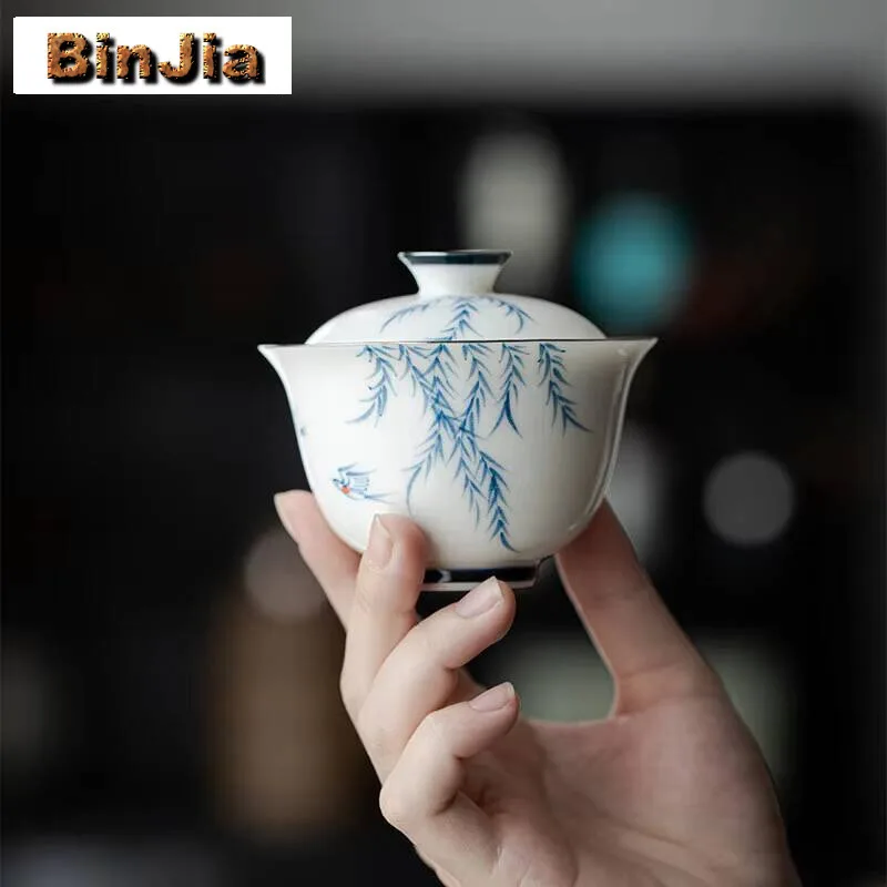 135Ml Hand Painted Willow Birds Jade Porcelain Gaiwan For Tea Tureen Teaware Cup Chinese Bowls Chawan Ceramony Set