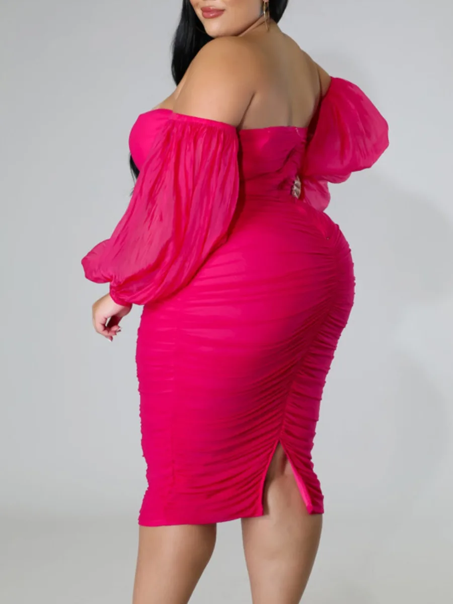 LW SXY Plus Size Off The Shoulder See Through Ruched Dress Women Fall Dress Solid Color Long Sleeve Bateau Neck Mid Calf Dress