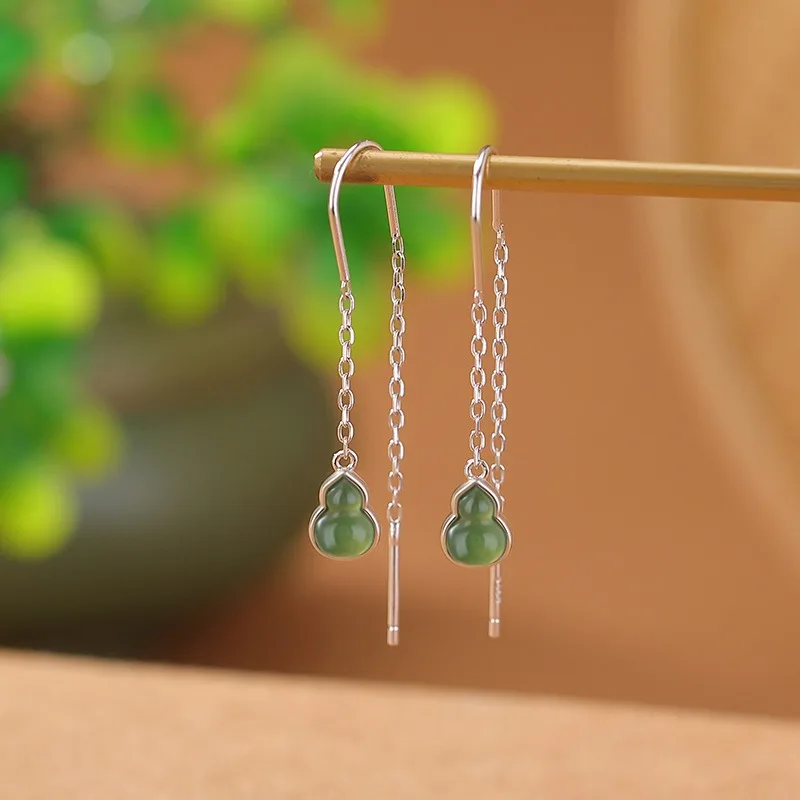

TIMESWIND Unique Green Hetian Jade Gourd Pendant Women S925 Silver Earrings with Certificate