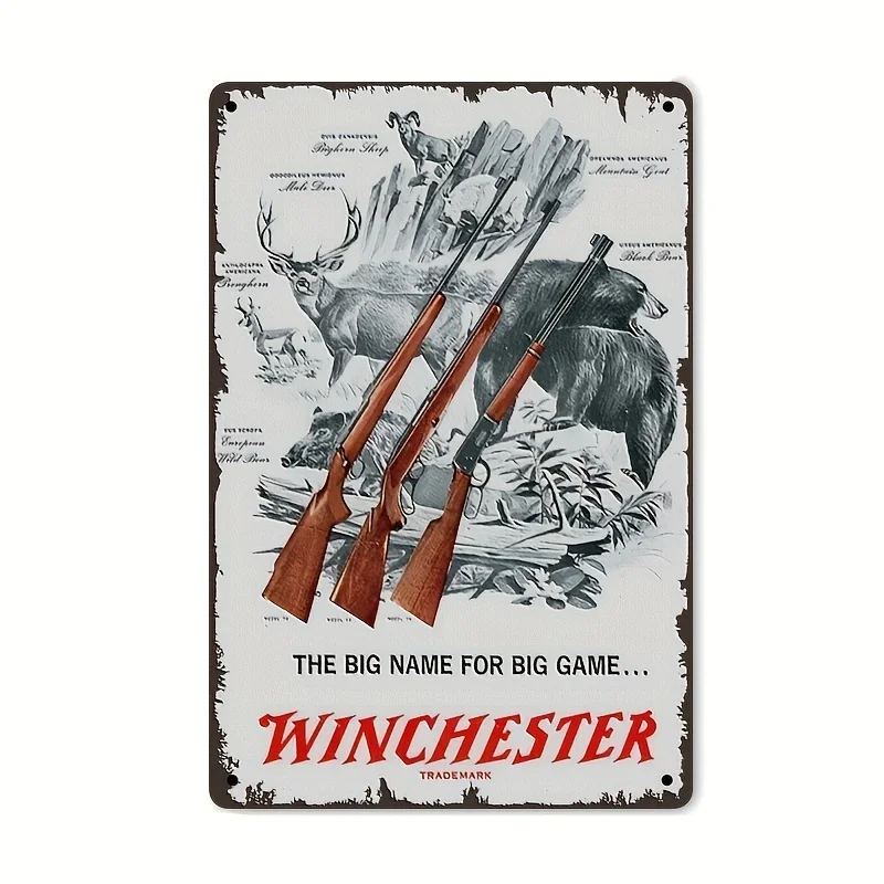 Vintage Winchester Metal Wall Sign -  Rustic Hunting Decor with Firearm & Wildlife Art, Durable Iron Construction for Man Cave,