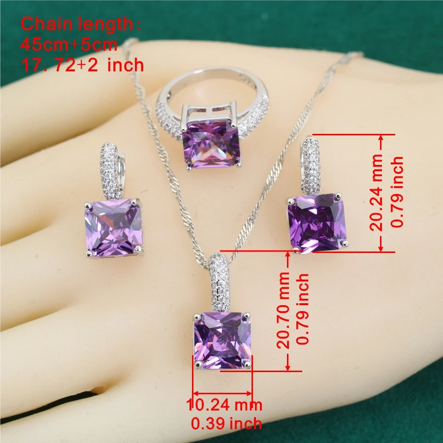 Exquisite Purple Crystal 925 Silver Jewelry Sets for Women Earrings Necklace Ring Bracelet Wedding Gift