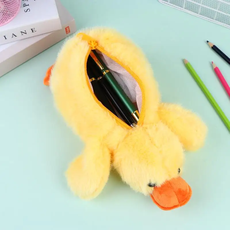 Cute Yellow Duck Plush Pencil Case Soft Stuffed Animal Pen Bag Multifunctional Stationery for Kids Students Gift
