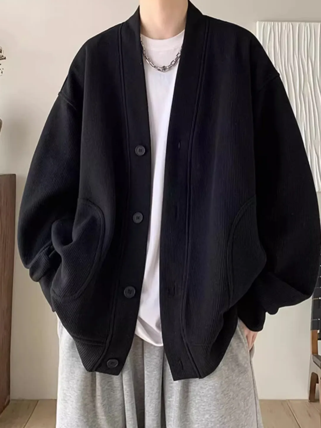 

Повседневный свободный вязаный кардиган с V-образным вырезом, чисто черный, мужской, в стиле Lazy Sle, для пар, весенне-осеннее пальто с длинными рукавами, рабочая одежда