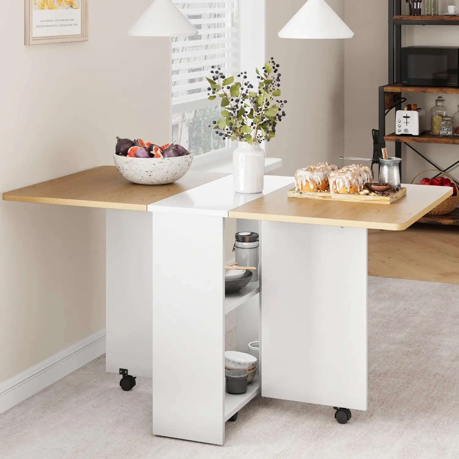 Tavolo da pranzo salvaspazio pieghevole a 2 livelli, estensibile, con piano a goccia, in legno stile rustico, set tavolo da pranzo per 4 persone, pieg