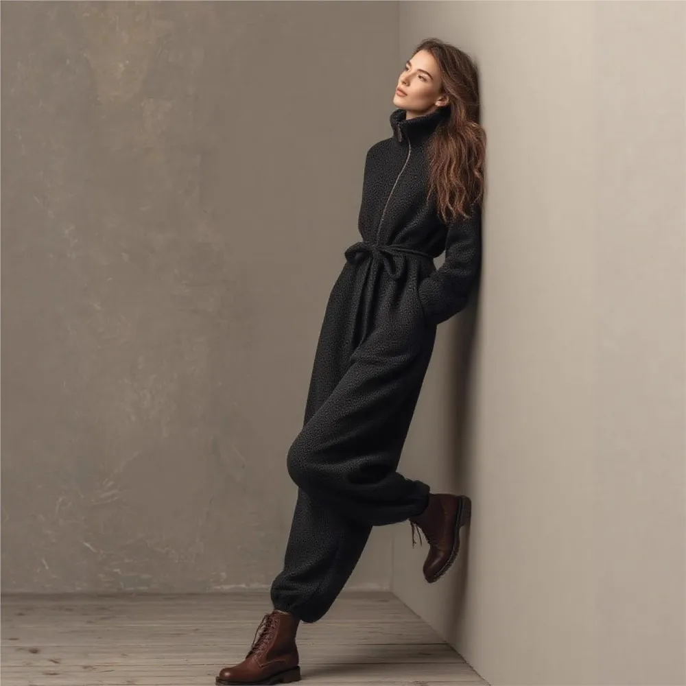 Zipper Stehkragen Kordelzug Spitze-up Taille Abnehmen Sport Overall Herbst Winter Neue Mode Lässig Einfarbig Overall