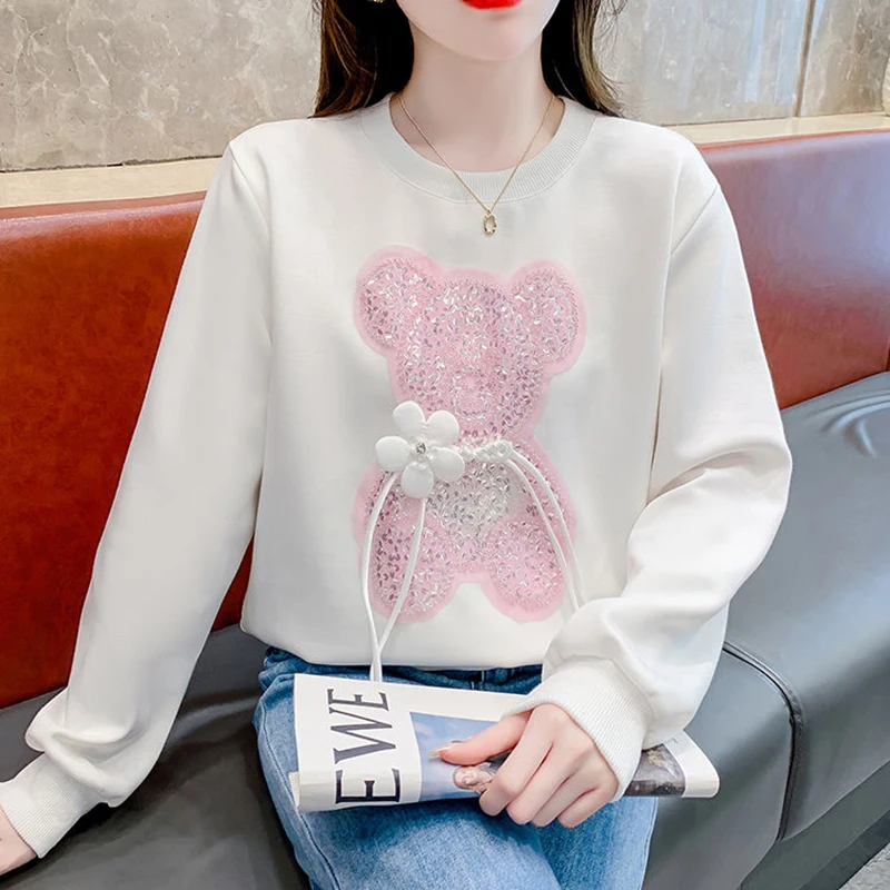 

Fashion O-Neck Spliced Lace Up Sequined Cartoon Blouses Female Clothing 2024 Autumn Winter New Loose Sweet Tops Korean Shirts