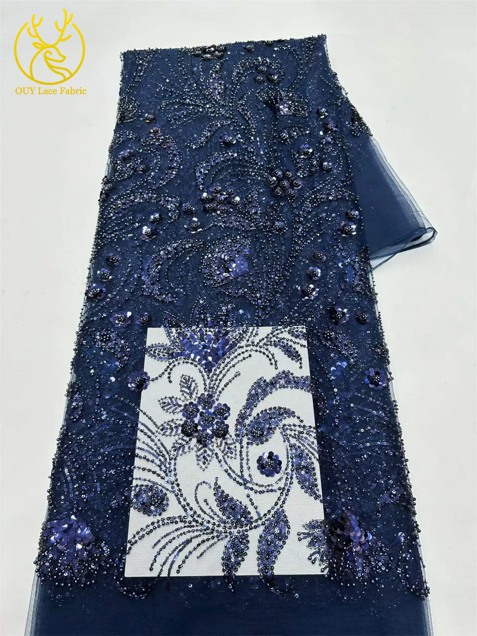 Eleganter 5-Yard-Paillettenstoff mit Kleinen Blumen, Afrikanischer Perlen-Pailletten-Spitzenstoff, Nigerianischer Luxuriöser Pailletten-Netzstoff für Kleider und Näharbeiten – Detail 16