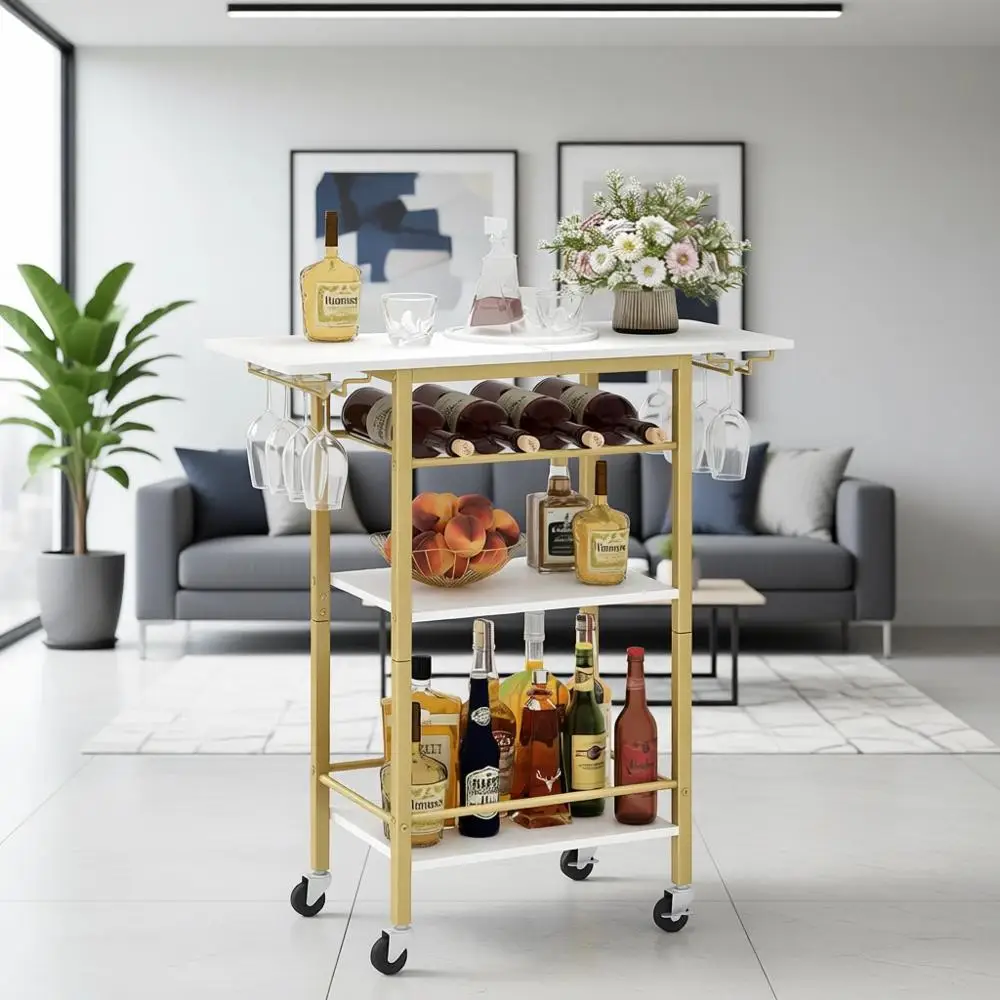 

4-Tier Rolling Beverage Cart with Wine Glass Holder for Home Bar, Kitchen, Dining, and Living Spaces