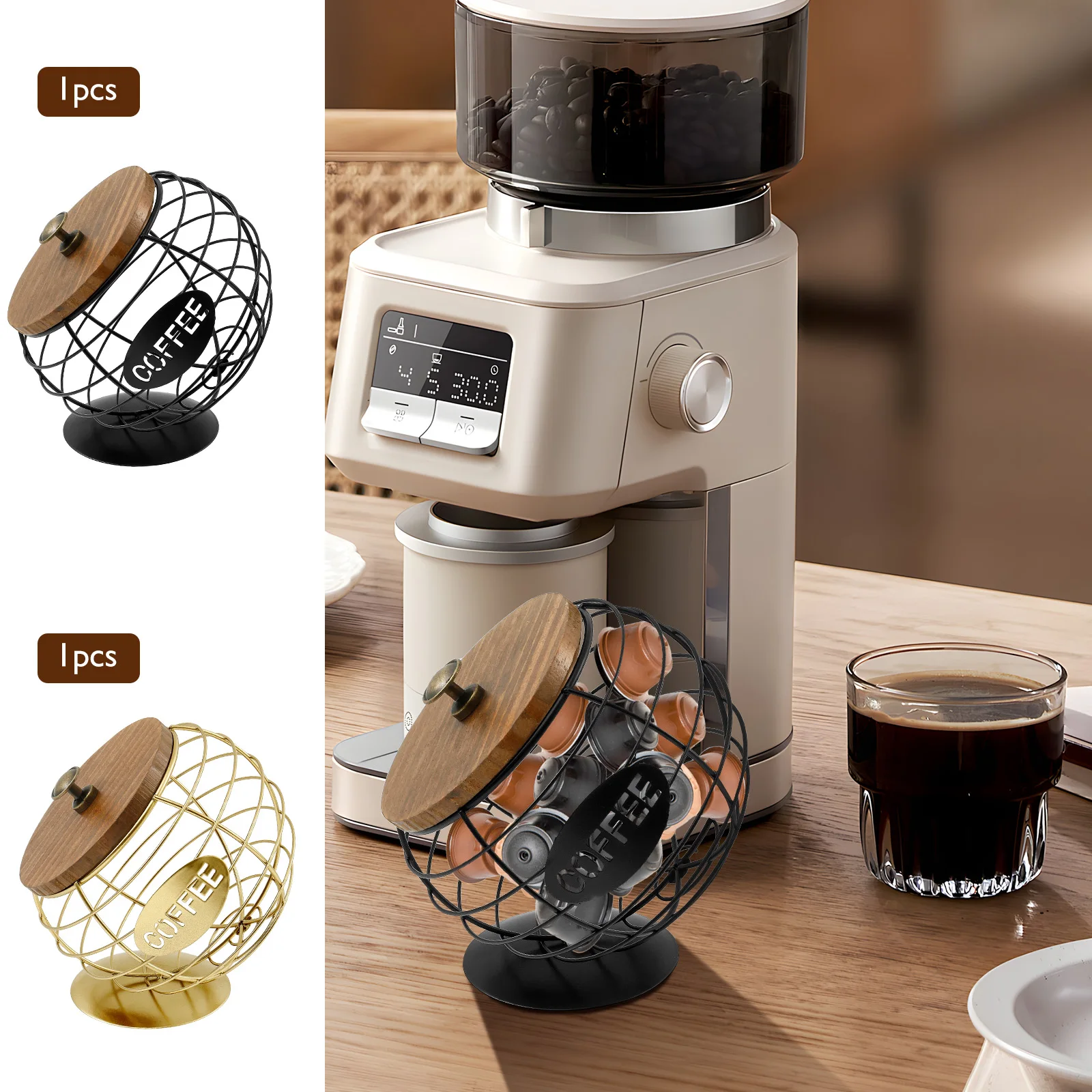 Eisen Kaffee Pod Halter mit Holz Deckel Obst Snack Lagerung Rack Multifunktionale Hohl Kaffee Kapsel Lagerung Rack für Zuhause