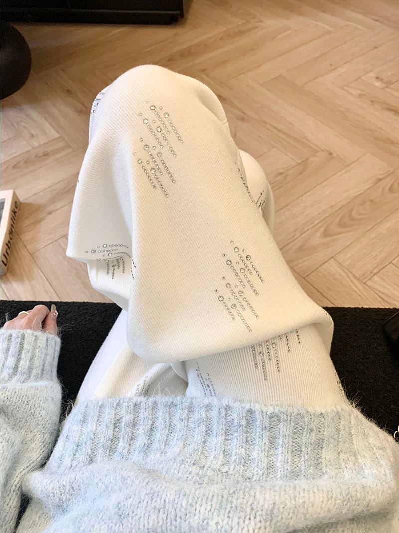 

Autumn Winter New Sle Heavy Embellied Casual Knitted Pants Women Soft Loose Drapey Straight High Waist Wide Leg Trousers
