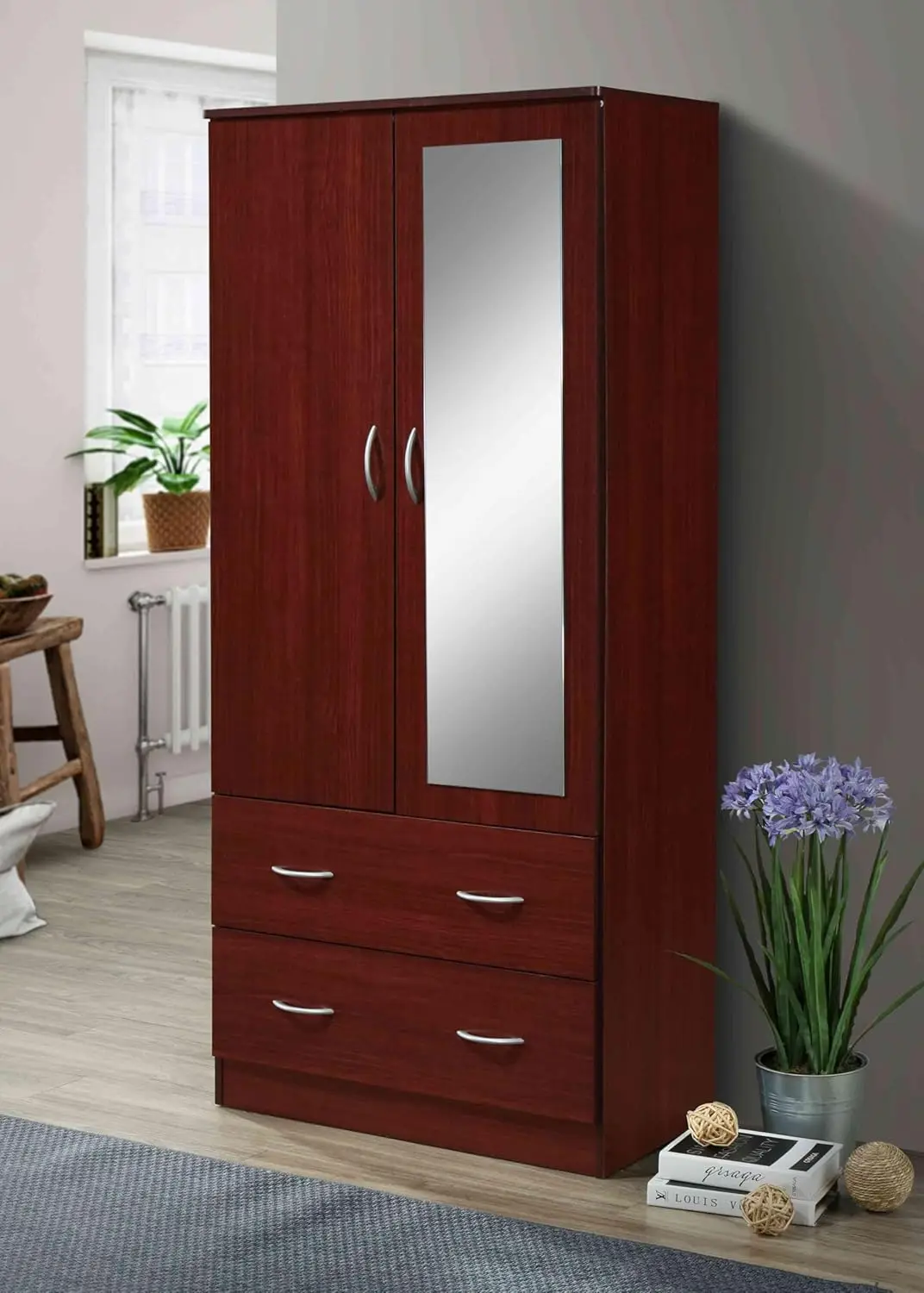 2  Wood Wardrobe Bedroom Closet with Clothing Rod inside Cabinet, 2 Drawers for Storage and Mirror, Mahogany