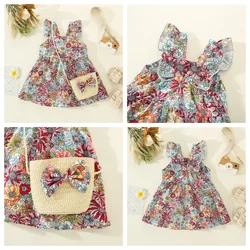 Beach 2/Piece Girls' Dress Bag Summer Newborn Casual Fashion Printed Lace Suspender Princess Dress