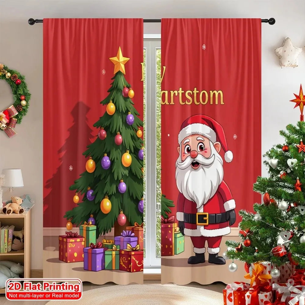 2PCS Digital Print Curtain, Cartoon Santa with Christmas Tree and Colorful Ornaments, Gift Boxes, for Bedroom Window Decoration