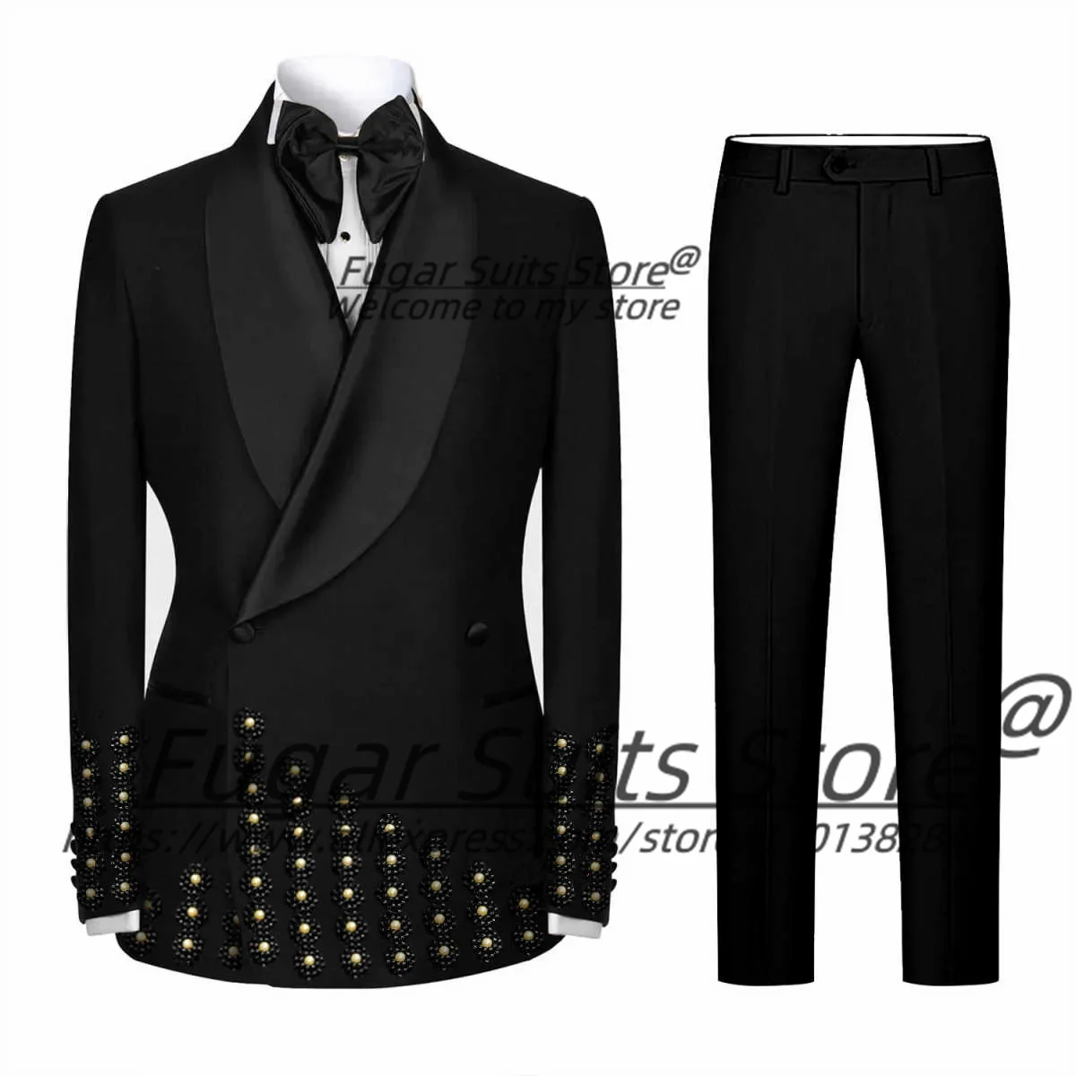 Customize Shiny Beaded Men Suits Slim Fit Shawl Lapel Groom Wedding Tuxedos 2 Pcs Sets Male Double Breasted Blazers Ropa Hombre