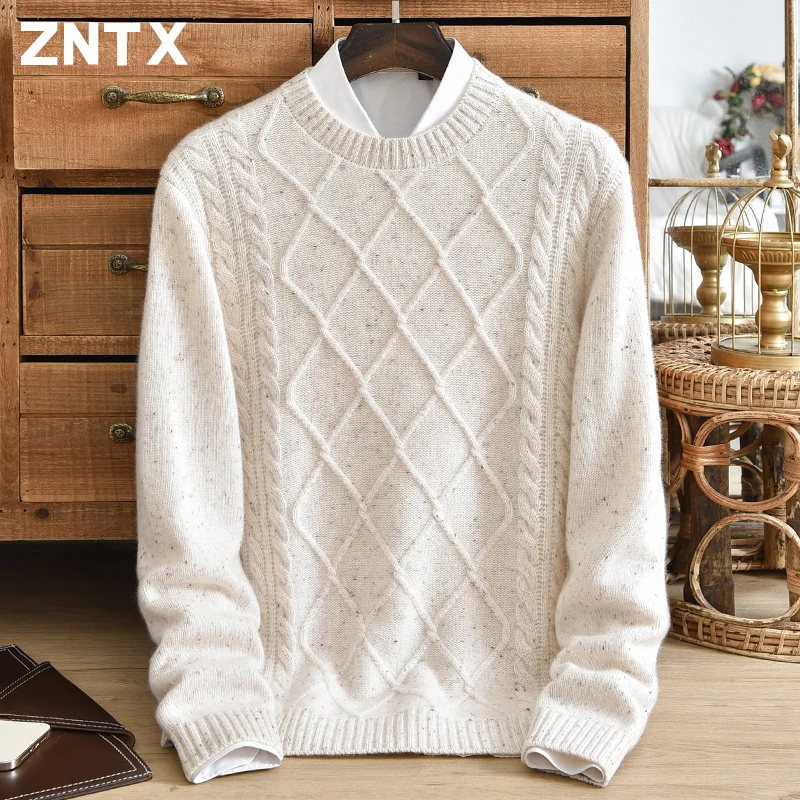 

New Men's Pure Cashmere Sweater Round Neck Three Strand Super Thick Diamond Stripe Jacquard Winter Warm Twisted Flower Knitted