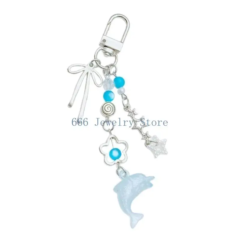 F2TD Dolphin Butterfly Bowknot Heart Rings Portable Keychain Pendant Accessory for Women Acrylic Beaded Keyring Adornment