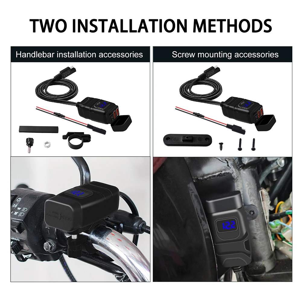 12V Motorcycle Quick Charger SAE To Dual 3.0 USB Charger Adapter Reverse Short circuit protection with Voltmeter On/Off Switch