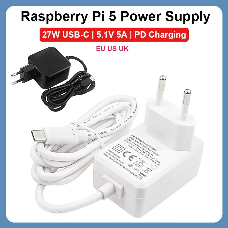 Raspberry Pi 5 Power Supply 27W USB Type C Charger EU US UK Plug Power Adapter Black White  5.1V 5A PD for Raspberry Pi 5 4B