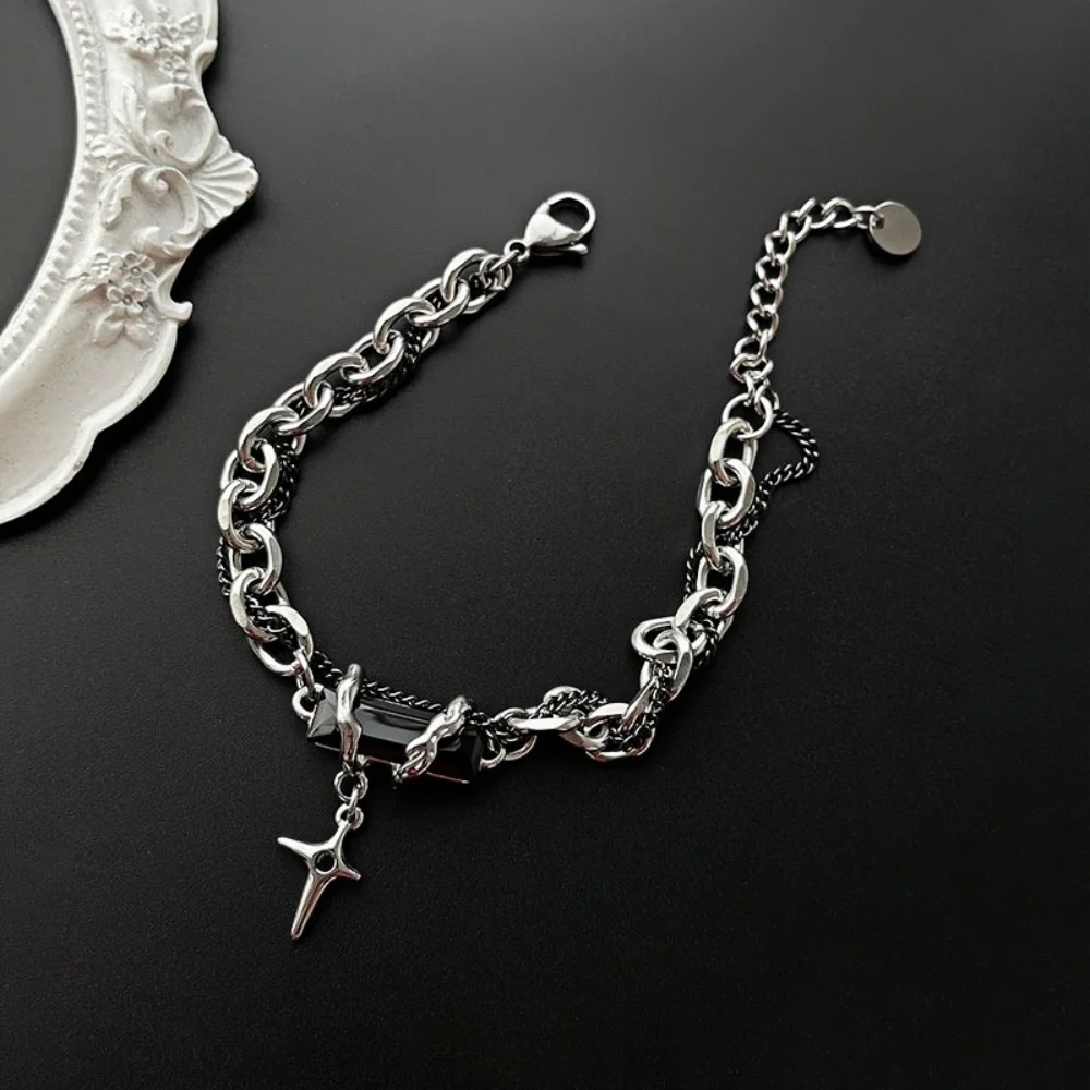 Hip-Hop Schwarzes Kristall-Armband Einfache Kubanische Kette Silberfarben Edelstahl Herren-Armband Retro-Schmuck Trendige Accessoires – Detail 4
