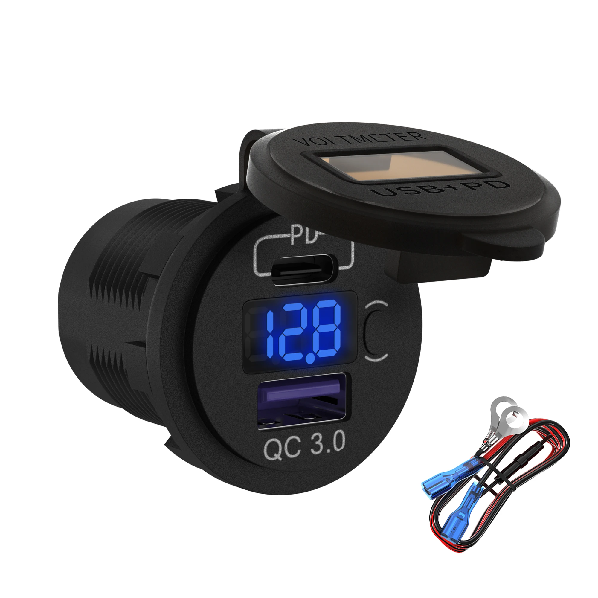 12V USB C Car Charger Socket 12V USB Outlet 48W PD Type C & QC 3.0 12 Volt Dual USB Charging Socket Port Voltmeter ON/Off Switch