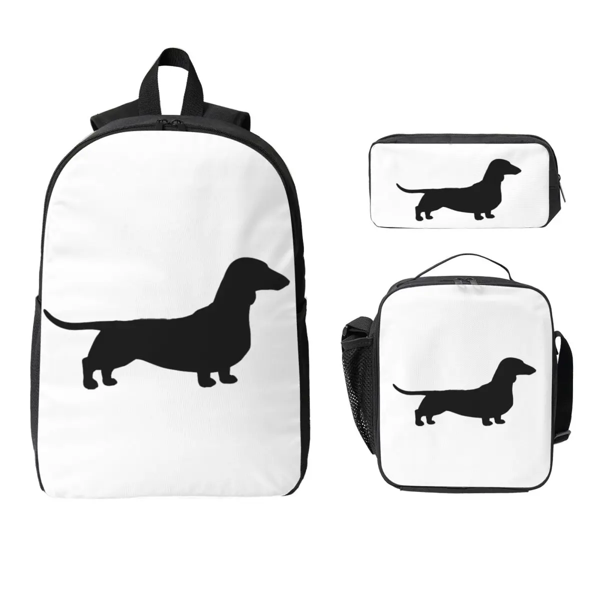 Dachshund Dog Silhouette(s) Smooth Coated Wiener Dog Backpack Boys Girls BookBag School Bag 3ps Insulated Lunch Bag Pencil Case